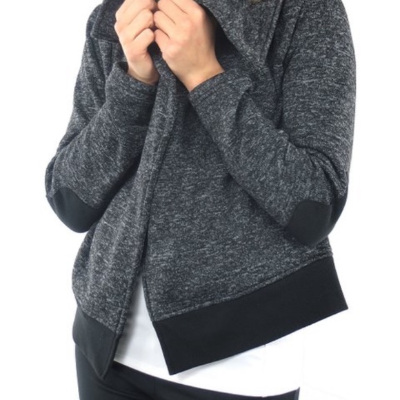 Charcoal Gray Fleece Moto sweatshirt shacket w/ black elbow patches & waistband - Picture 14 of 16